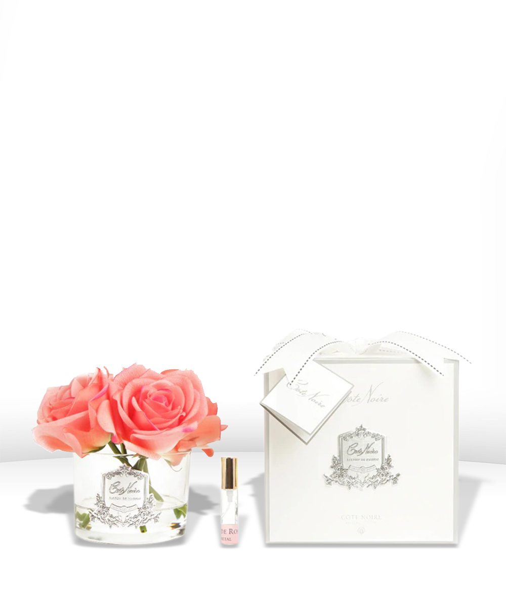 Diffuseur de parfum – 5 Roses parfumées PECHE BLANCHE – Vase transparent –  Monique Touzeau